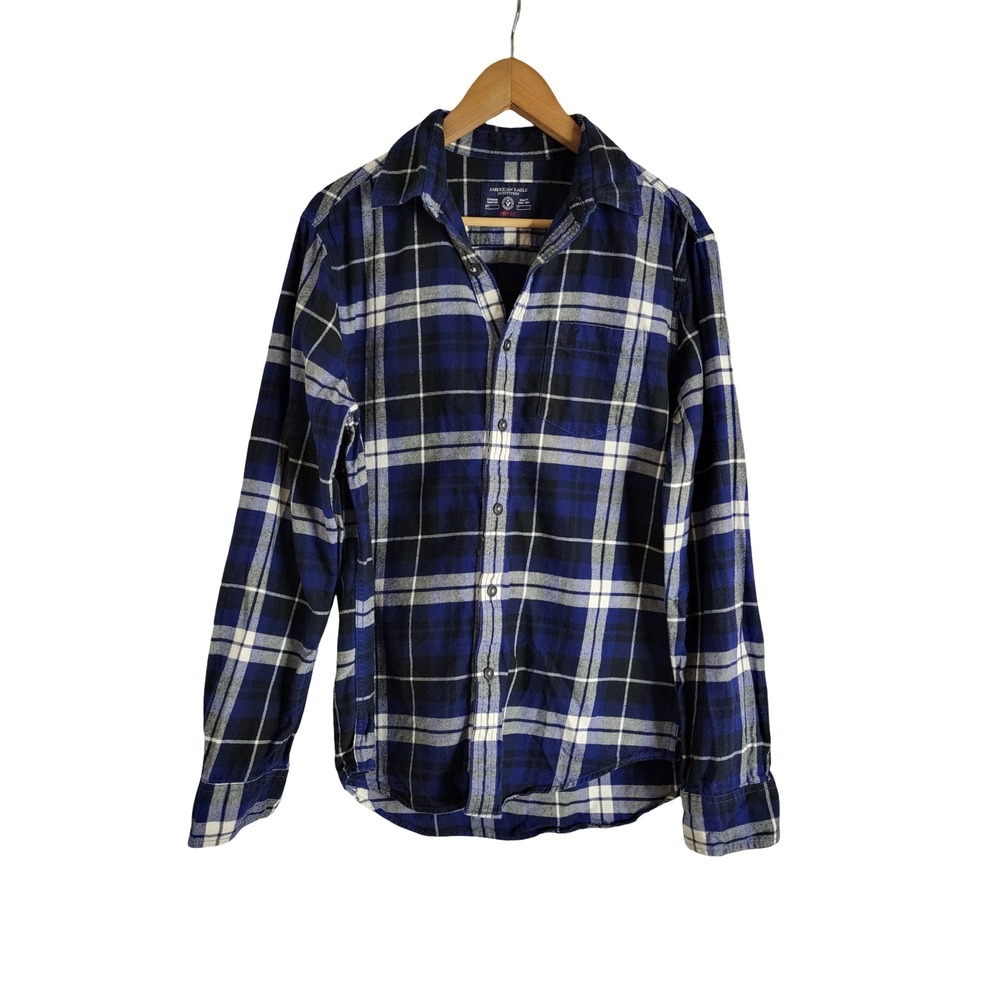 American Eagle Outfitters Mens Blue Plaid Flannel Shirt Prep Fit Medium M Long